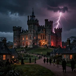 victorian era castle on a dark cloudy night crowded by village of people with ominous red lightning 4 k ray tracing 3 0 mm