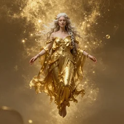 Surreal portrait of a beautiful old goddess floating, Liquid gold simulation in background, ancient fairy dust, ultra super good realistic 3D render by Pete Morbacher and Emil Melmoth, insanely detailed, trending on artstation, sharp focus