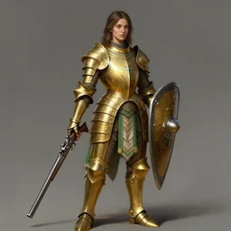 full - body portrait of a female italian warrior with medium - length hair and a very highly detailed face wearing elegant golden plate mail armor with green and white accents, holding a tower shield in one hand and a long flintlock pistol in the other, highly detailed, digital fantasy painting, artstation, character concept art, smooth, sharp focus, illustration, art by artgerm and greg rutkowski and alphonse mucha