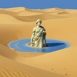 a golden salt flat surrounded by dunes with a ruined statue of a woman emerging from the blue sand, illustrated, epic composistion, moebius, edward hopper and james gilleard, zdzislaw beksinski, steven outram, volumetric lighting, surreal flat colors, concept art