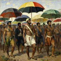 parade of dahomey officials with colorful flat umbrellas, 1895, highly detailed, oil on canvas, by ilya repin