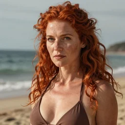 a rustic woman wearing bikini, detailed face, redhead, by greg rutkowski, mandy jurgens