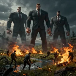 a dark poster artwork of giants men in suits setting fire to the wild nature near a river, sharp focus, octane render 8k , zoom out