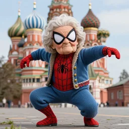 stunning photograph of ( ( ( ( granny spiderman ) ) ) ) in rural russia town, moscow, knitted suit, dynamic pose, closeup, aperture 1. 2