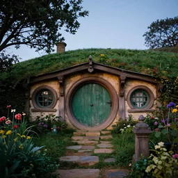 low angle front facing view of hobbiton architecture with garden, highly detailed matte painting, evening, by stanley artgerm lau, greg rutkowski, thomas kinkade, alphonse mucha, loish, norman rockwell, artstation, unreal engine 5