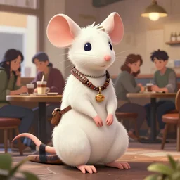 full body portrait of a female anthropomorphic albino rat hipster fursona sitting in a coffee shop. detailed character design by disney, charlie bowater, ross tran, artgerm, and makoto shinkai, detailed, soft lighting, rendered in octane
