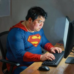 a insanely detailed painting of a slightly overweight asian man wearing a homemade superhero costumed, sitting at a computer desk nervously typing on the keyboard, in the style of peter mohrbacher, dramatic lighting and composition, trending on artstation, concept art, comic book, graphic novel