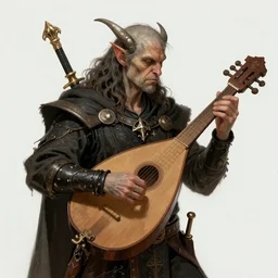 A Half-Orc Bard, that looks like Gary Busey, playing a lute in a fantasy setting, highly detailed, concept art