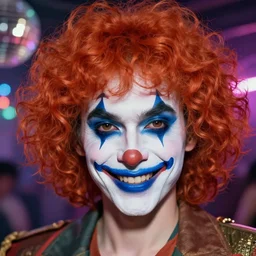 smirking mischievous bodhisattva, brown eyes, pale skin, blue mustache, clown make-up, shaggy curly redhead mullet, close up, at the disco, surrealist digital art trending on artstation