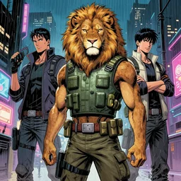beautiful portrait commission of a male furry anthro lion wearing a bullet proof vest and cargo pants. Cyberpunk city at night in the rain. Neon light. Atmospheric. Character design by charlie bowater, ross tran, artgerm, and makoto shinkai, detailed, inked, western comic book art