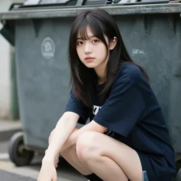 photographic portrait of a streetwear anime girl crouched next to a dumpster, closeup, sigma 85mm f/1.4, 4k, depth of field, high resolution, 4k, 8k, hd, full color