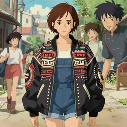 beautiful boyish emma watson as majora majora's mask wearing oversized mayan bomber jacket with overalls and leotard, bulky poofy bomber jacket with mayan patterns, aztec street fashion, genshin impact art style, gapmoe yandere grimdark, trending on pixiv fanbox, painted by greg rutkowski makoto shinkai takashi takeuchi studio ghibli, akihiko yoshida