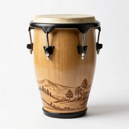 engraved bongo drums, studio product photography, isolated on a pure white background, centered, entire object in frame, sharp focus, soft studio lighting