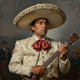 a stylized painting of a mexican musician, by picasso, george luks and paul klee, muted color scheme, extreme detail