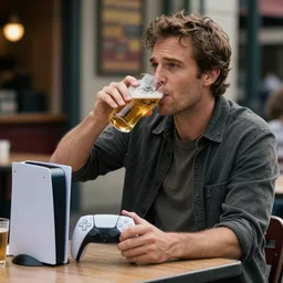 movie still of a man sitting at a restaurant outside, drinking a beer while playing on a playstation 5, cinestill 8 0 0 t,