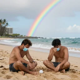 two guys in hawaii, sick with covid on the beach, with a rainbow, photograph