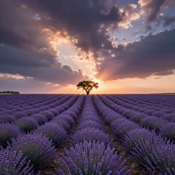beautiful lavender field, clean lines leading away from viewer,! single tree! on horizon in center, desaturated colors, ultra wide angle, sunset, dramatic sky, by charlie waite