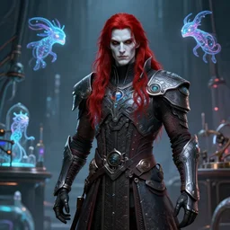 a dnd holomancer, male, technological longcoat, detailed face, long red hair, white skin, holographic creatures, lab background, high fantasy, science fiction, highly detailed, sharp focus, smooth, digital illustration, by clyde caldwell