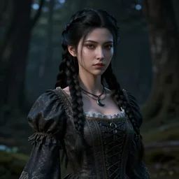 a beautiful, smooth octane render of a daughter of the moon clan, with long, black, braided hair : nighttime, low light, dark forest. strong, dabbled light falls on her face. esoteric, highly detailed, sharpness. victorian dress. hyper realistic. canon eos ef 5 0 mm. trending on artstation.