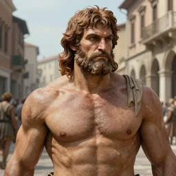 a highly detailed matte painting closeup portrait of a muscular hercules, on a roman street, in the style of greg rutkowski and van rijn rembrandt, digital art, sharp focus, highly realistic, octane render