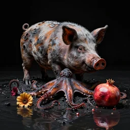 burnt sculpture of a pig - octopus and a pomegranate, photorealistic, black background, charred remains of flowers, flood waters, by bob eggleton, trending on artstation
