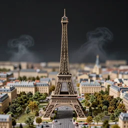 a detailed photo of a diorama city, paris eiffel tower, macro photography, zoom, model trees, studio lighting, hyperdetailed, bokeh, smoke