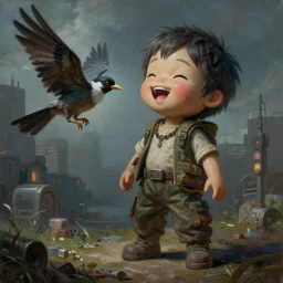 A painting of a AI doll killing a bird laughng, cyberpunk, futuristic, cinematic, epic, Craig Russell