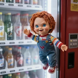tiny screaming chucky doll climbing out of a vending machine