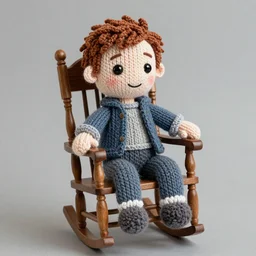 Knitted yarn doll Ryan Gosling sits on a rocking chair, realism, proportions,