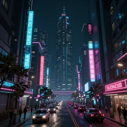 3 d render of a magnificent dark neon futuristic cyberpunk city bustling street at night cyberart by liam wong in the film akira rendered in octane, trending on cgsociety, blender 3 d