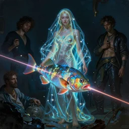 awe-inspiring award-winning concept art painting of attractive anglerfish in neon shrouds as the goddess of lasers, sparks, by Michael Whelan, William Adolphe Bouguereau, John Williams Waterhouse, and Donato Giancola, cyberpunk, extremely moody lighting, glowing light and shadow, atmospheric, shadowy, cinematic, 8K,