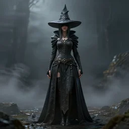 highly detailed full body character art of a high fantasy sorceress eyes covered by a pointy mage hat, full body, highly detailed, photo realistic, dark fantasy atmosphere, foggy, 8K, octane render, unreal engine
