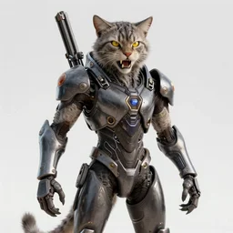 a humanoid with cat-like features, yellow eyes, teeth that protrude past the lower lip  like a saber-tooth tiger and fine grayish fur on their faces and backs of their hands wearing futuristic alien armor and carrying weapons, highly detailed,