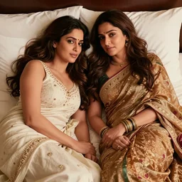 a photo of aishwarya rai and kareena kapoor together in bed, hyper realistic, hyper detailed