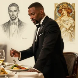 jamie foxx eating dinner, character sheet, character design, contrast, deep focus, turnaround, highly detailed, dramatic lighting, digital painting, artstation, concept art, matte, sharp focus, illustration, elegant, art by artgerm and greg f and alphonse mucha.