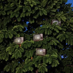 evening photo of a tree with old televisions in the leaves