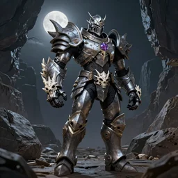 Biomechanical armored Knight with dragon skull gauntlets standing in a rock quarry, moonlit night, segmented armor, full body single character, League of Legends Character Splash Art, rubber suit, Arcane style, action scene, fight scene, good value control, high quality, 4k, ultra realistic, highly detailed, illustration, promotional image, matte painting, rule of thirds, centered, cinematography