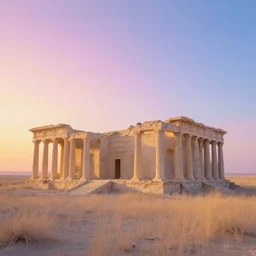 you have never been here, placid beautiful otherworldly desolate lost palace ancient ruins overgrown pastel sunrise unclear golden rays particulate fuzzy strange desolate kaleidoscopic colors, pleasing palette, neat,