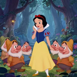 Screenshot from the coloured Disney animation movie released in 1937 Snow White and the Seven Dwarfs, beautiful enchanted forest full of