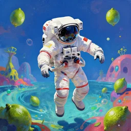 a digital painting of an astronaut!!!!!! floating in a bright colorful alien ocean surrounded by alien limes!!!!!!, sharp focus, retro futuristic by beeple, wayne barlowe, roger dean