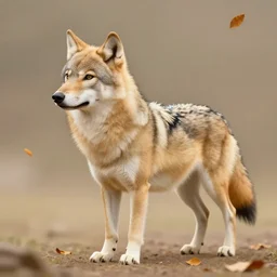 professional stylized full - body digital art of a side profile of a tibetan wolf, light tan fur, fluffy, falling leaves, hd, 8 k, highly detailed, high quality, cute
