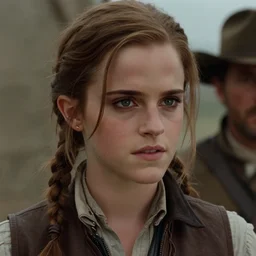 emma watson as a mercenary in a western movie directed by sergio leone, promotional image, detailed face, movie still frame, techniscope 3 5 mm film
