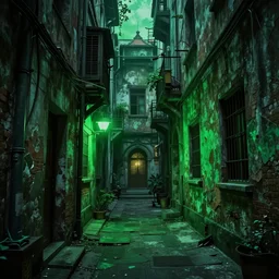 an alleyway in a slum with green lighting in the style of arcane
