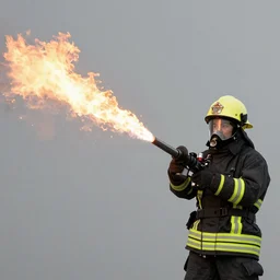 photo of a firefighter using a flamethrower projecting a long flame. award-winning, highly-detailed