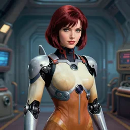 close portrait. ship interior bg. screenshot of a scene in metroid of iconic christina hendricks as zerosuit samus in wearing cybernetic bodysuit painted by norman rockwell. character designed by hideaki anno. dark crimson hair. digital. lighting by james gurney. trending on artstation. masterpiece. artgerm alphonso mucha greg rutkowski.