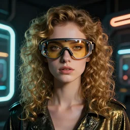 vertical portrait of ancient female with space glasses, dark blonde, curly hair, symmetrical beautiful face, dark cyberpunk, standing in the dark room, under neon, highly detailed, detailed eyes, high quality, fashion editorial photography, hyperrealistic, from vogue magazine, reflections, refraction, gold, teal, orange