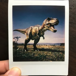 last selfie of t - rex before comet hits the ground, polaroid, scratch and dust