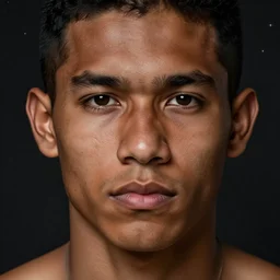 very detailed portrait of a rugged brazilian man in his early thirties, strong jaw, shaved face, ( ( deep black eyes ) ), ( ( ( slight asian - latino features ) ) ), strong nose pointing down, earthy color scheme, by wlop and tyler oulton, detailed eyes, starry background, trending, on artstation.
