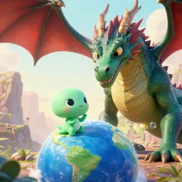 an adorable and small alien lands on earth to meet a giant dragon, sweet, concept art, octane render, unreal engine, highly detailed, 4 k, comic book art