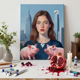 “ a portrait in a female art student ’ s apartment, a berry and a big diamond, skyscraper, pork, a whole pomegranate, art supplies, paint tubes, palette knife, pigs, ikebana, herbs, a candle dripping white wax, squashed berries, berry juice drips and splash, acrylic and spray paint and oilstick on canvas, surrealism, neoexpressionism ”
